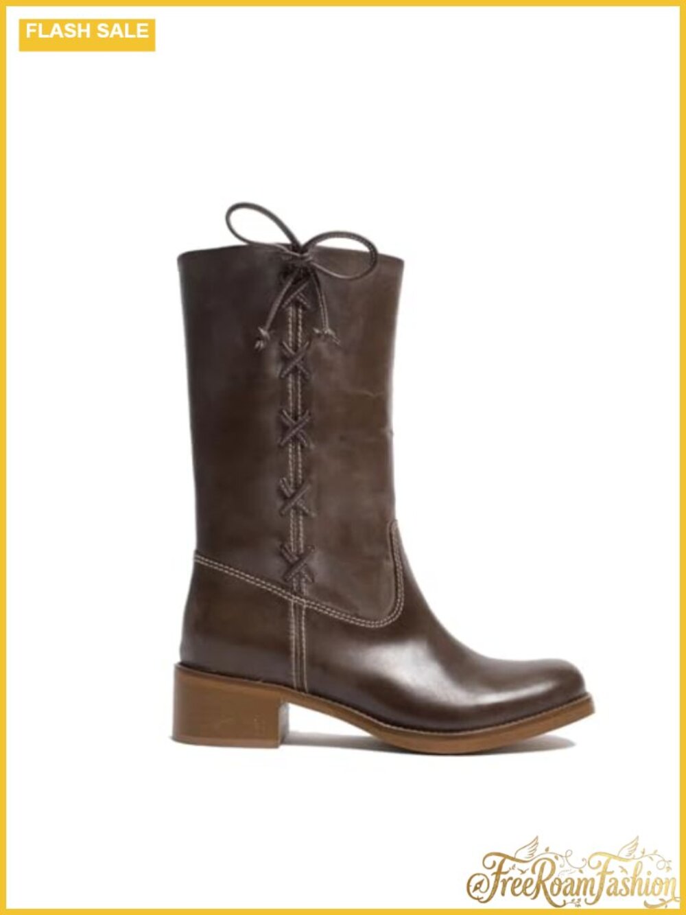 Faux Leather Mid Calf Campus Boots Side Lace Block Heel Pull On